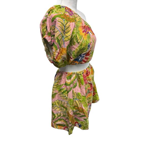 FARM Rio Macaw Leaves Cutout Mini Dress Size XS One Shoulder Tropical Linen - Picture 7 of 11